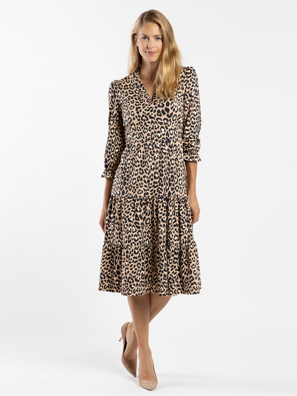 Jude Connally Leopard Print Tiered Long Sleeve Midi Dress